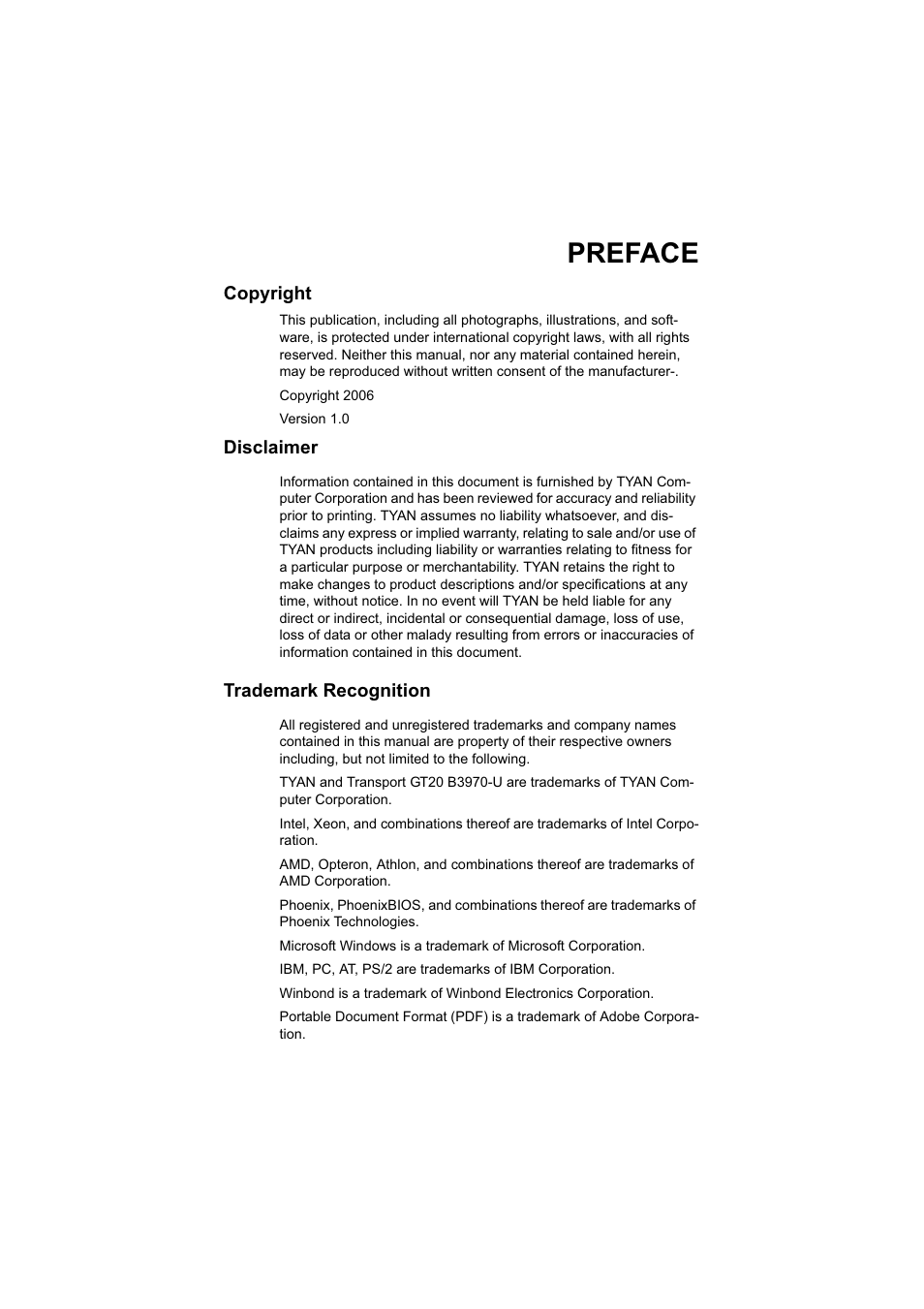 Preface | Tyan Computer Transport GT20 B3970-U User Manual | Page 3 / 77