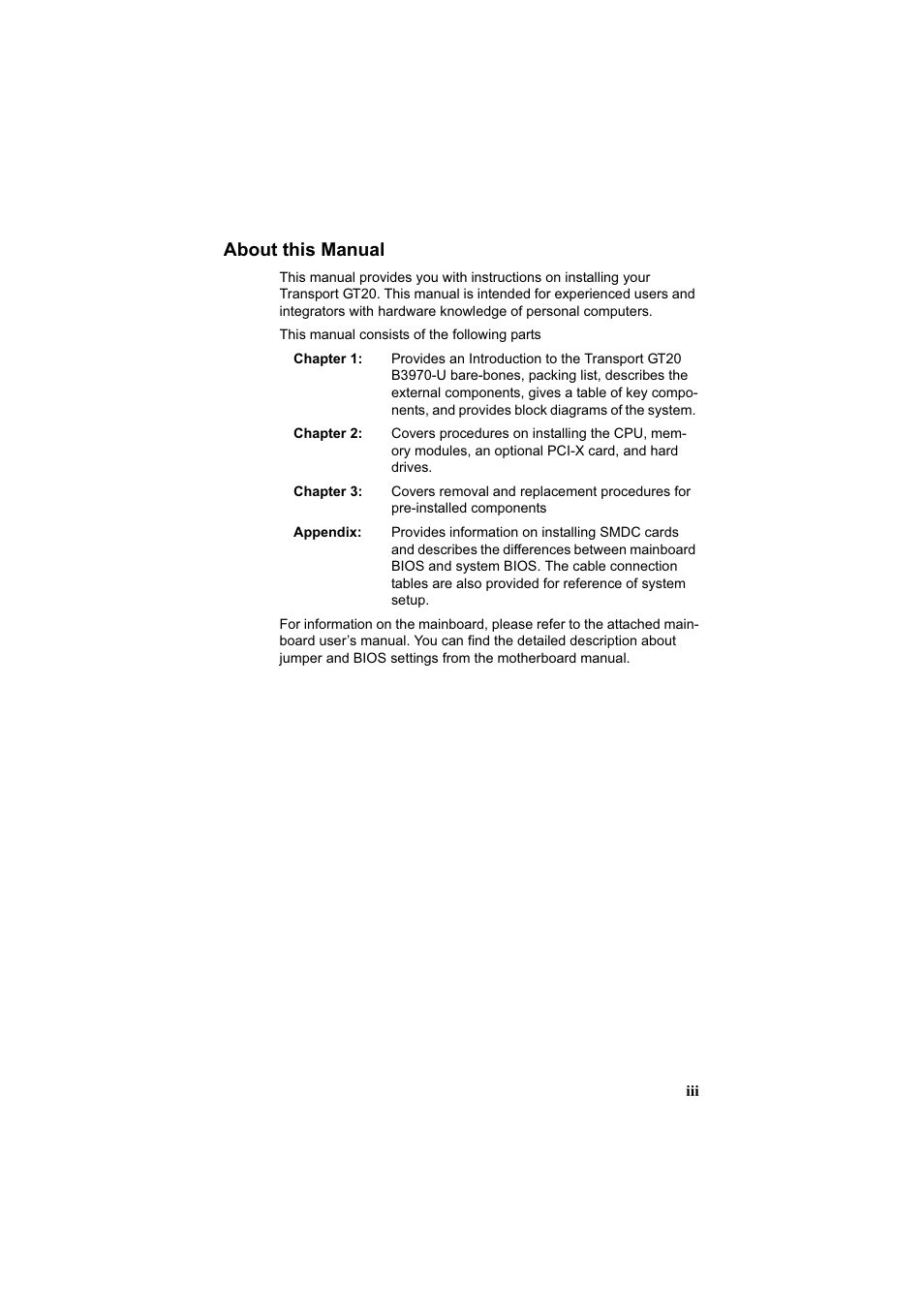 About this manual | Tyan Computer Transport GT20 B3970-U User Manual | Page 5 / 77