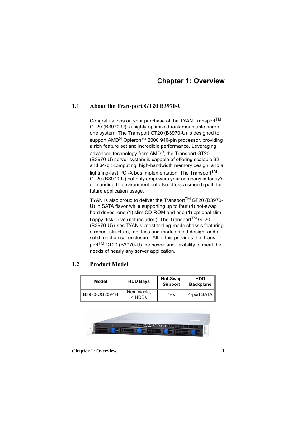 Chapter 1: overview, 2 product model | Tyan Computer Transport GT20 B3970-U User Manual | Page 9 / 77