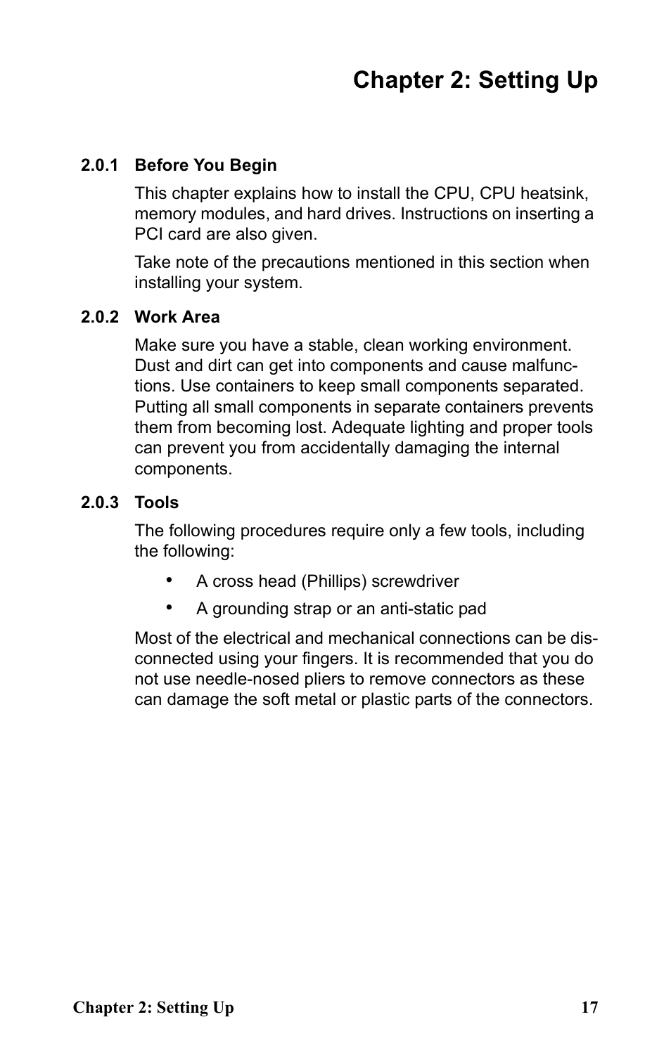 1 before you begin, 2 work area, 3 tools | Chapter 2: setting up | Tyan Computer Transport GT24 B2881 User Manual | Page 25 / 82