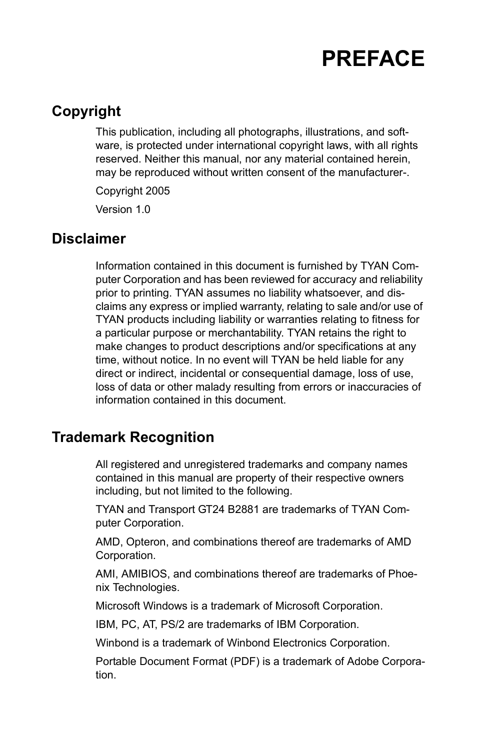 Preface, Copyright, Disclaimer | Trademark recognition | Tyan Computer Transport GT24 B2881 User Manual | Page 3 / 82