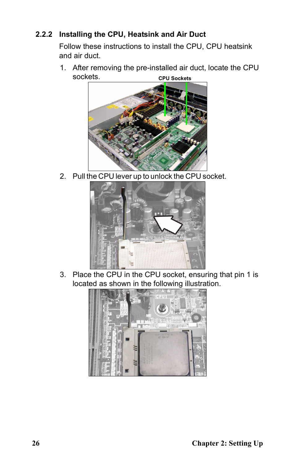 Cpu sockets, 2 installing the cpu, heatsink and air duct, Pull the cpu lever up to unlock the cpu socket | Tyan Computer Transport GT24 B2881 User Manual | Page 34 / 82
