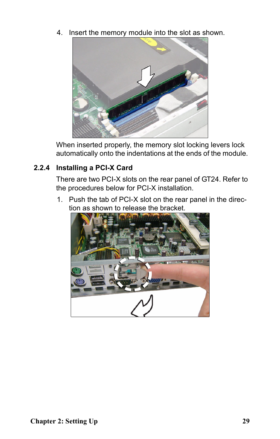 Insert the memory module into the slot as shown, 4 installing a pci-x card | Tyan Computer Transport GT24 B2881 User Manual | Page 37 / 82