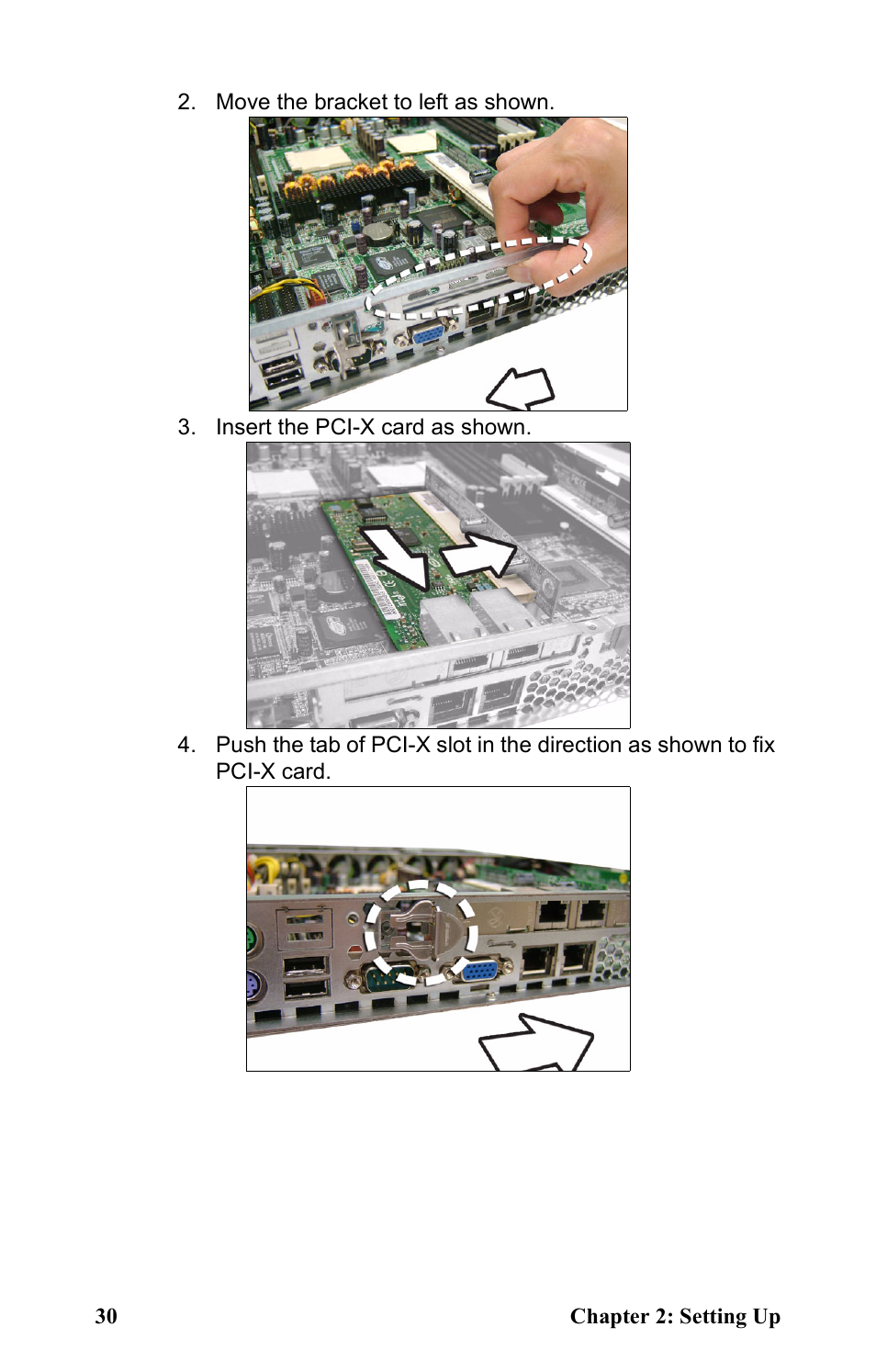 Move the bracket to left as shown, Insert the pci-x card as shown | Tyan Computer Transport GT24 B2881 User Manual | Page 38 / 82