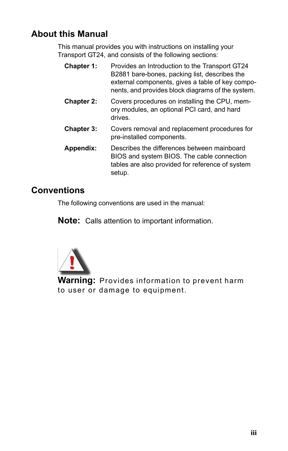 About this manual, Conventions, Warning | Tyan Computer Transport GT24 B2881 User Manual | Page 5 / 82