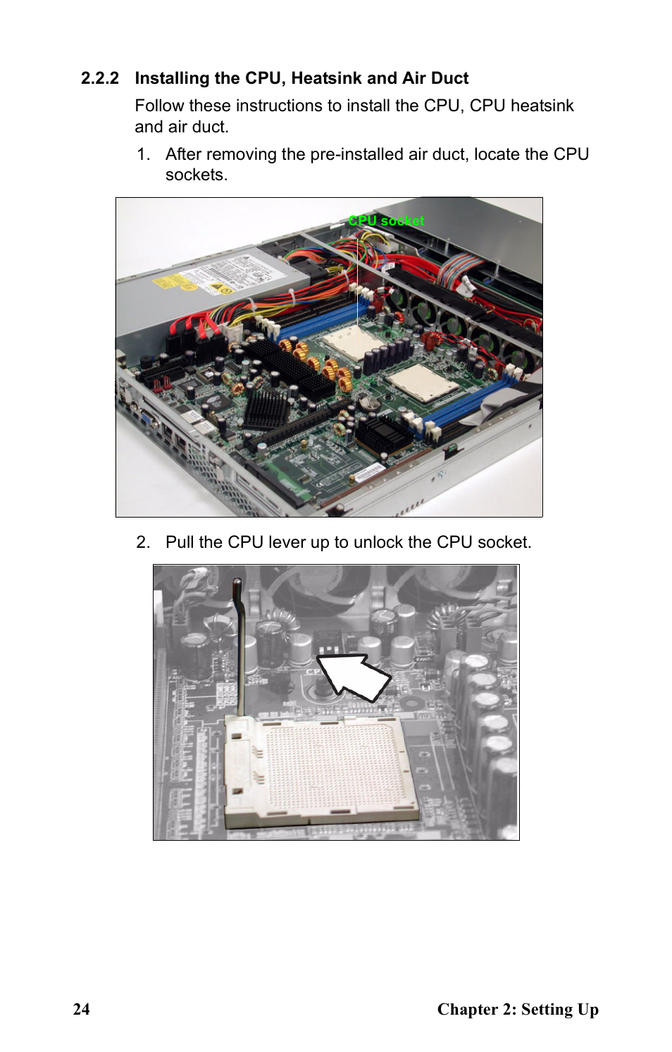 2 installing the cpu, heatsink and air duct, Cpu socket, Pull the cpu lever up to unlock the cpu socket | Tyan Computer Transport GT24 B2891 User Manual | Page 32 / 82