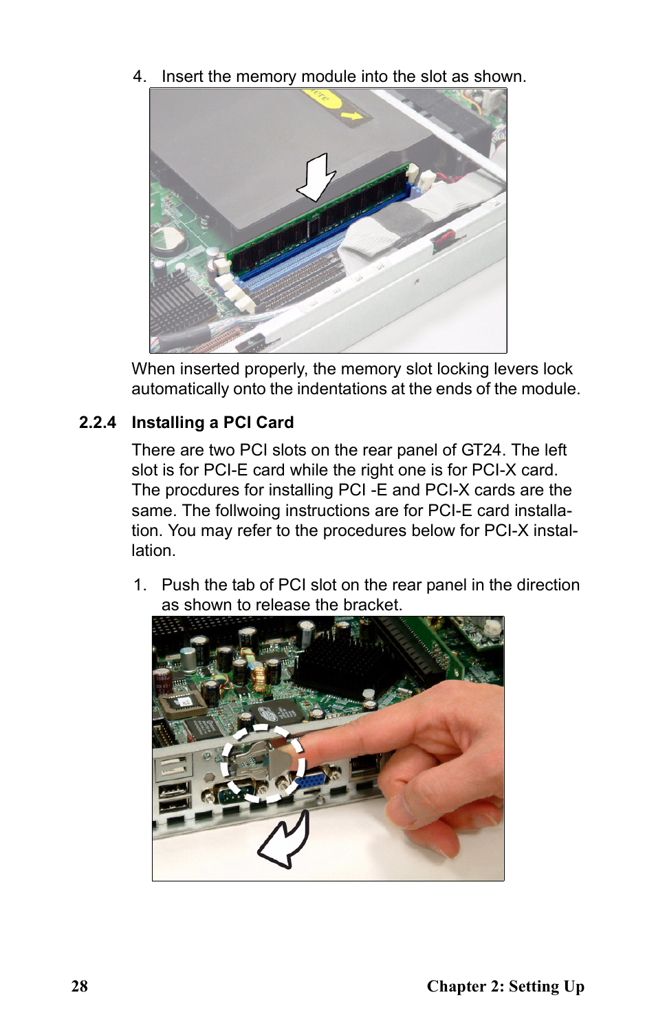 Insert the memory module into the slot as shown, 4 installing a pci card | Tyan Computer Transport GT24 B2891 User Manual | Page 36 / 82