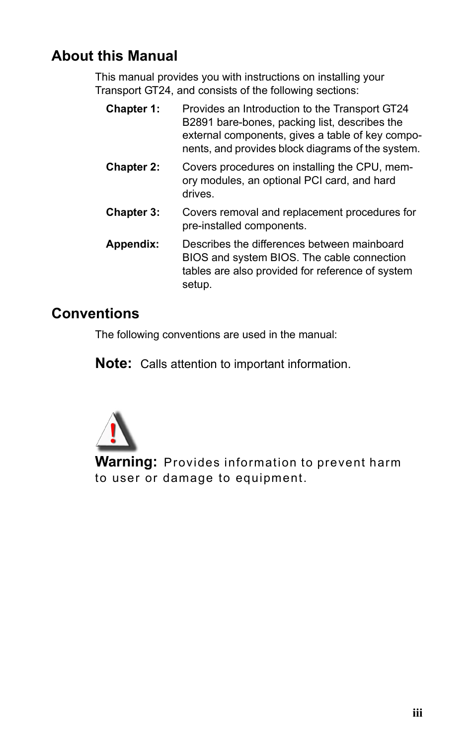 About this manual, Conventions, Warning | Tyan Computer Transport GT24 B2891 User Manual | Page 5 / 82