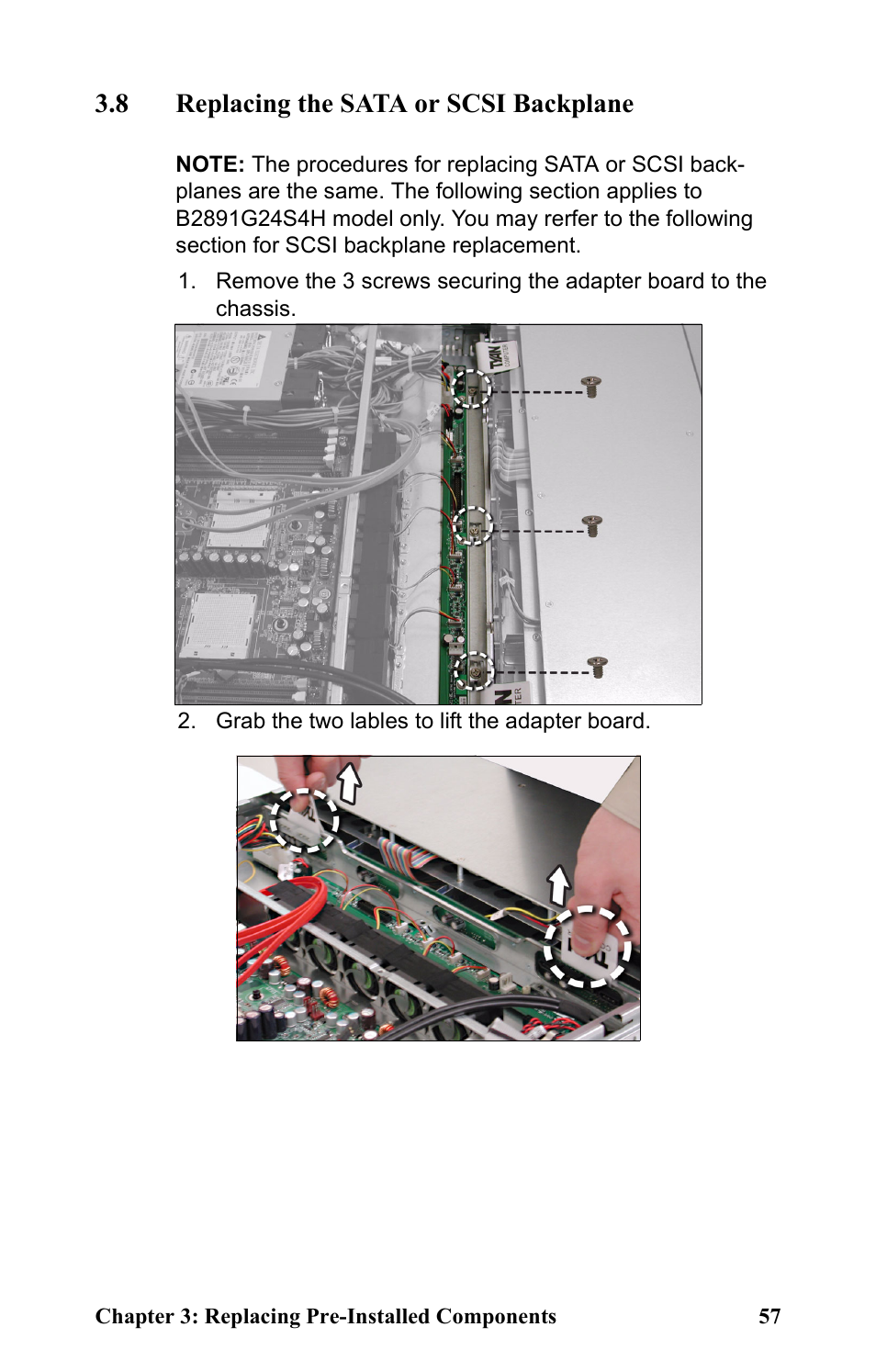 8 replacing the sata or scsi backplane, Grab the two lables to lift the adapter board | Tyan Computer Transport GT24 B2891 User Manual | Page 65 / 82