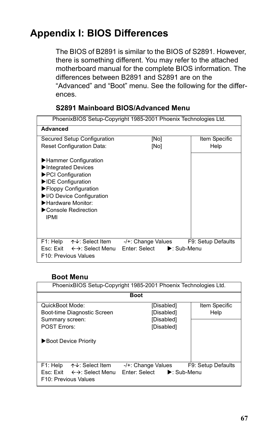 Appendix i: bios differences, Boot menu | Tyan Computer Transport GT24 B2891 User Manual | Page 75 / 82