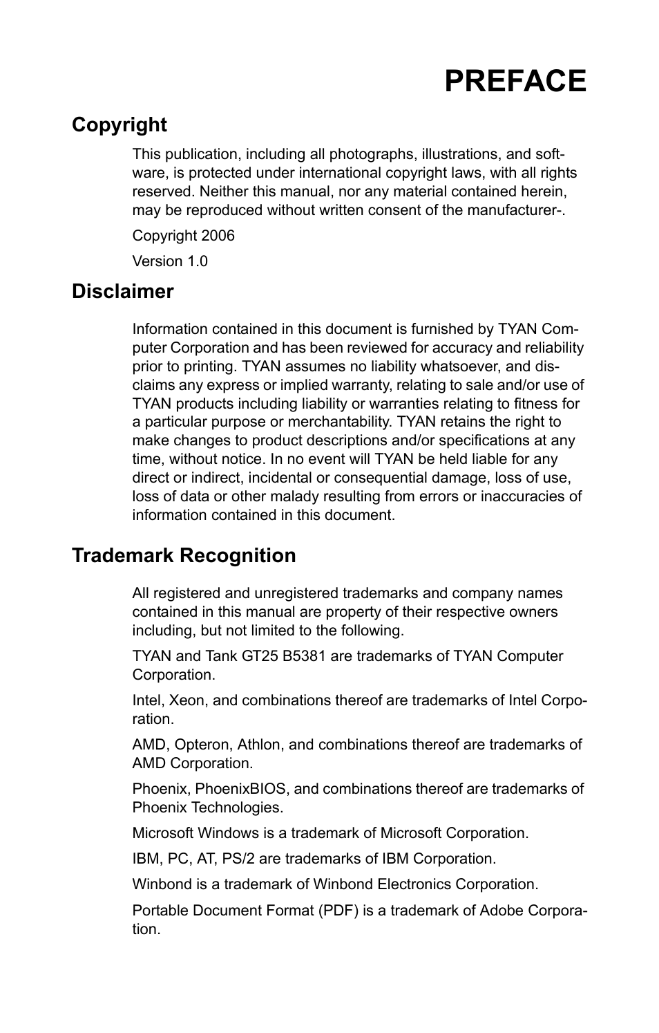Preface, Copyright, Disclaimer | Trademark recognition | Tyan Computer Tank GT25 B5381 User Manual | Page 5 / 84