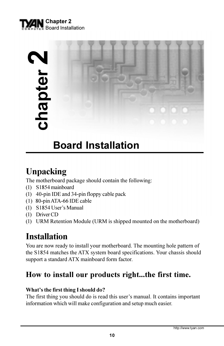 Chapter, Board installation, Unpacking | Installation | Tyan Computer S1854 User Manual | Page 10 / 80