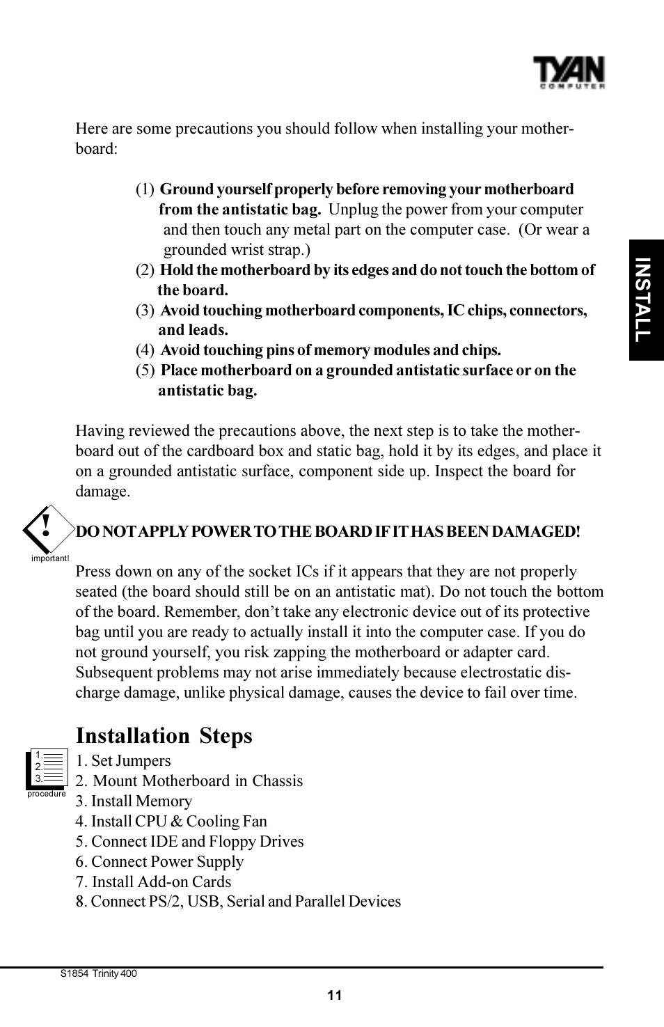 Installation steps, Inst a ll | Tyan Computer S1854 User Manual | Page 11 / 80