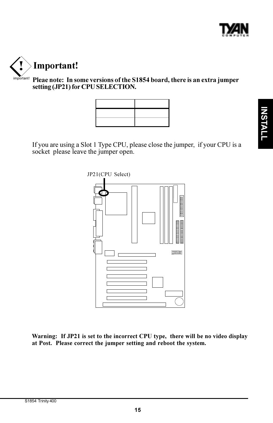 Important, Inst a ll | Tyan Computer S1854 User Manual | Page 15 / 80
