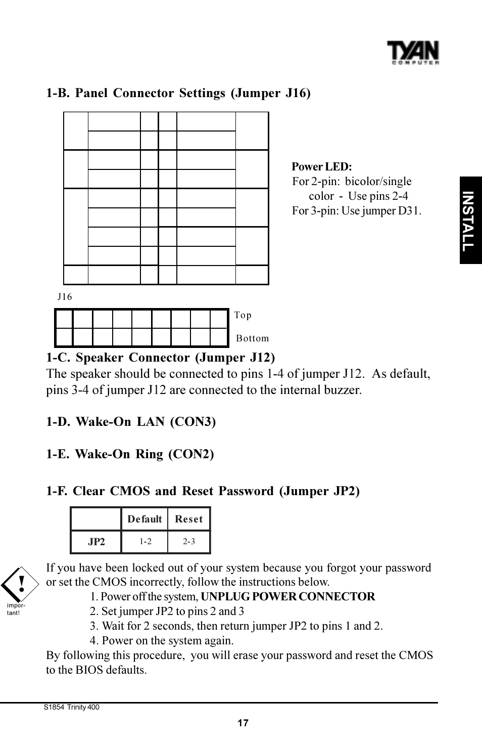 Inst a ll, B. panel connector settings (jumper j16) | Tyan Computer S1854 User Manual | Page 17 / 80