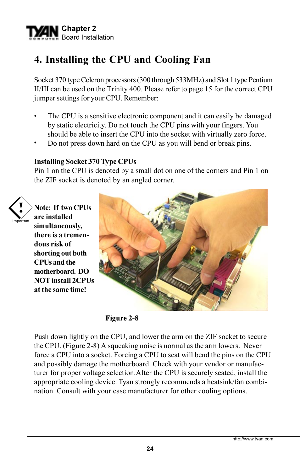 Installing the cpu and cooling fan | Tyan Computer S1854 User Manual | Page 24 / 80