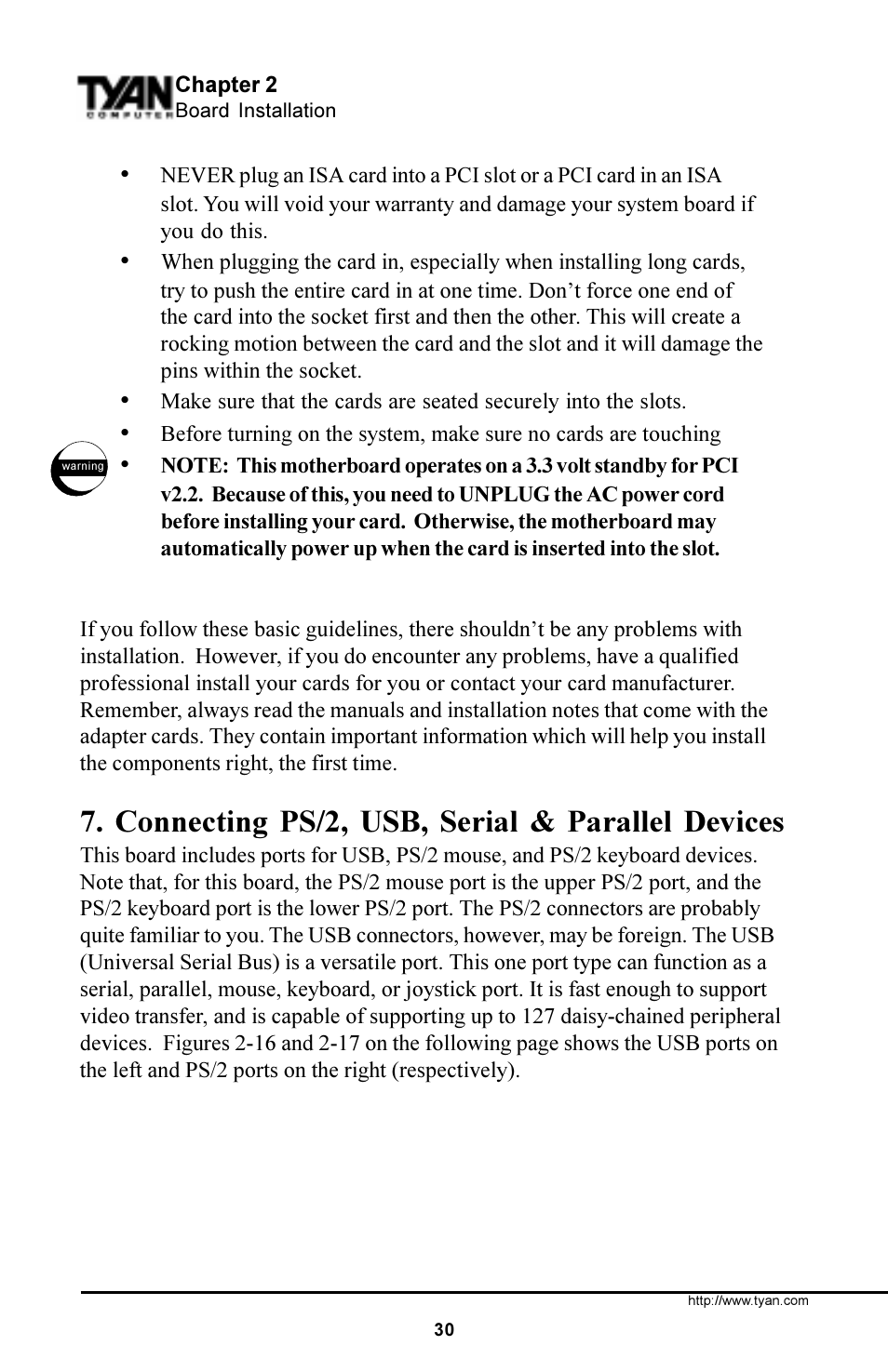 Connecting ps/2, usb, serial & parallel devices | Tyan Computer S1854 User Manual | Page 30 / 80