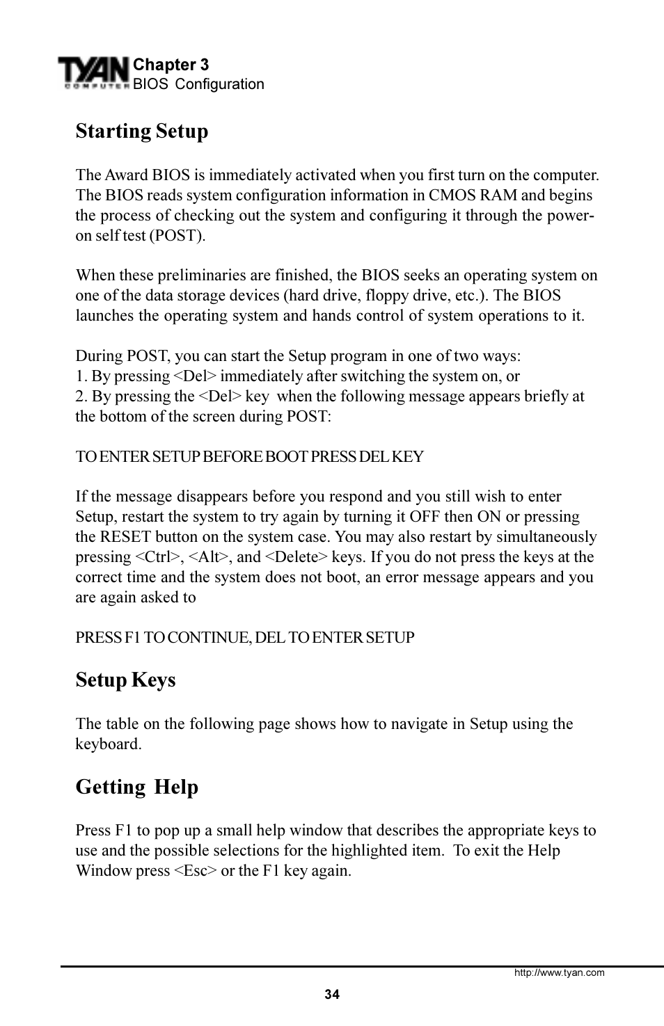 Starting setup, Setup keys, Getting help | Tyan Computer S1854 User Manual | Page 34 / 80