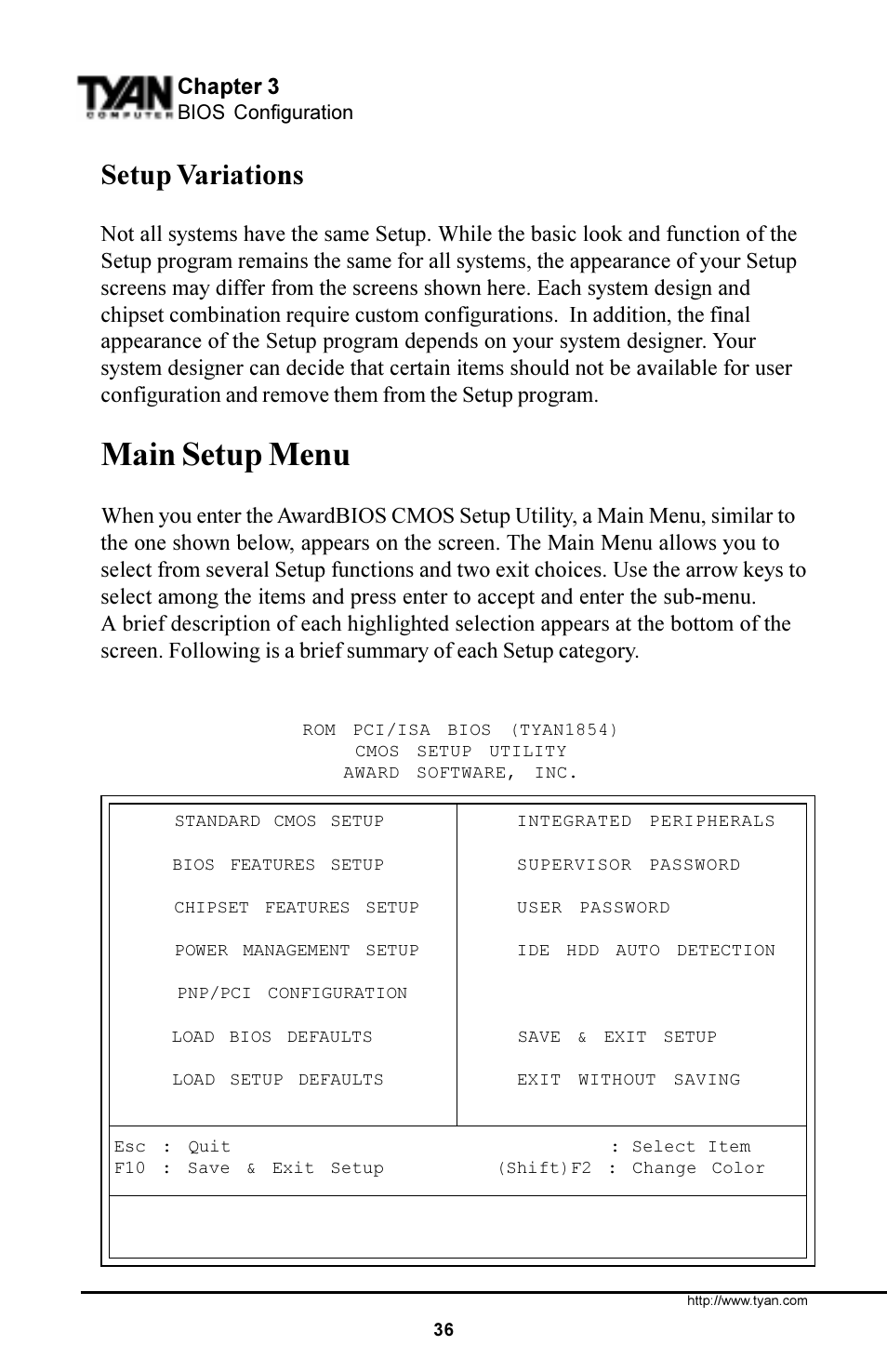 Main setup menu, Setup variations | Tyan Computer S1854 User Manual | Page 36 / 80
