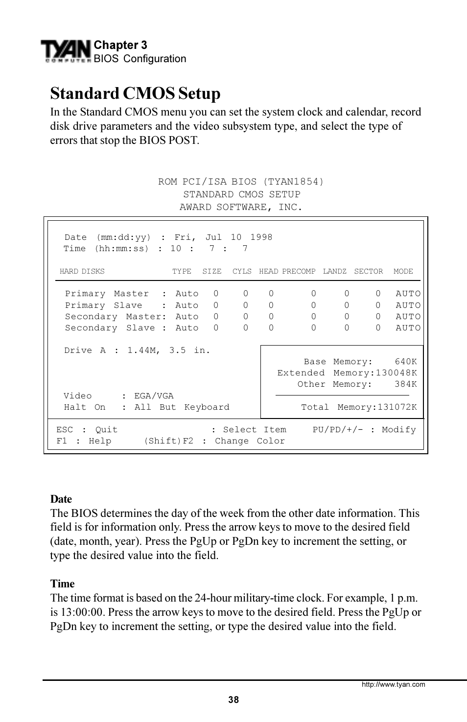 Standard cmos setup, Chapter 3 | Tyan Computer S1854 User Manual | Page 38 / 80