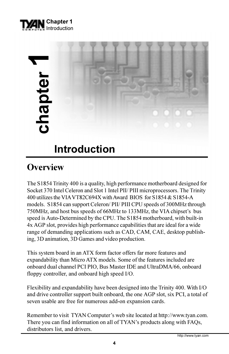 Chapter, Introduction, Overview | Tyan Computer S1854 User Manual | Page 4 / 80