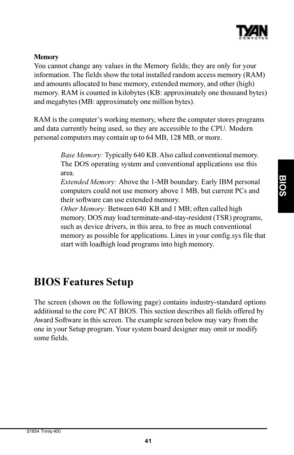 Bios features setup, Bios | Tyan Computer S1854 User Manual | Page 41 / 80