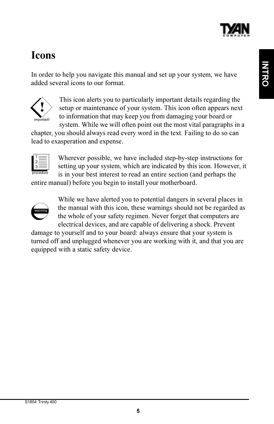Icons, Intro | Tyan Computer S1854 User Manual | Page 5 / 80