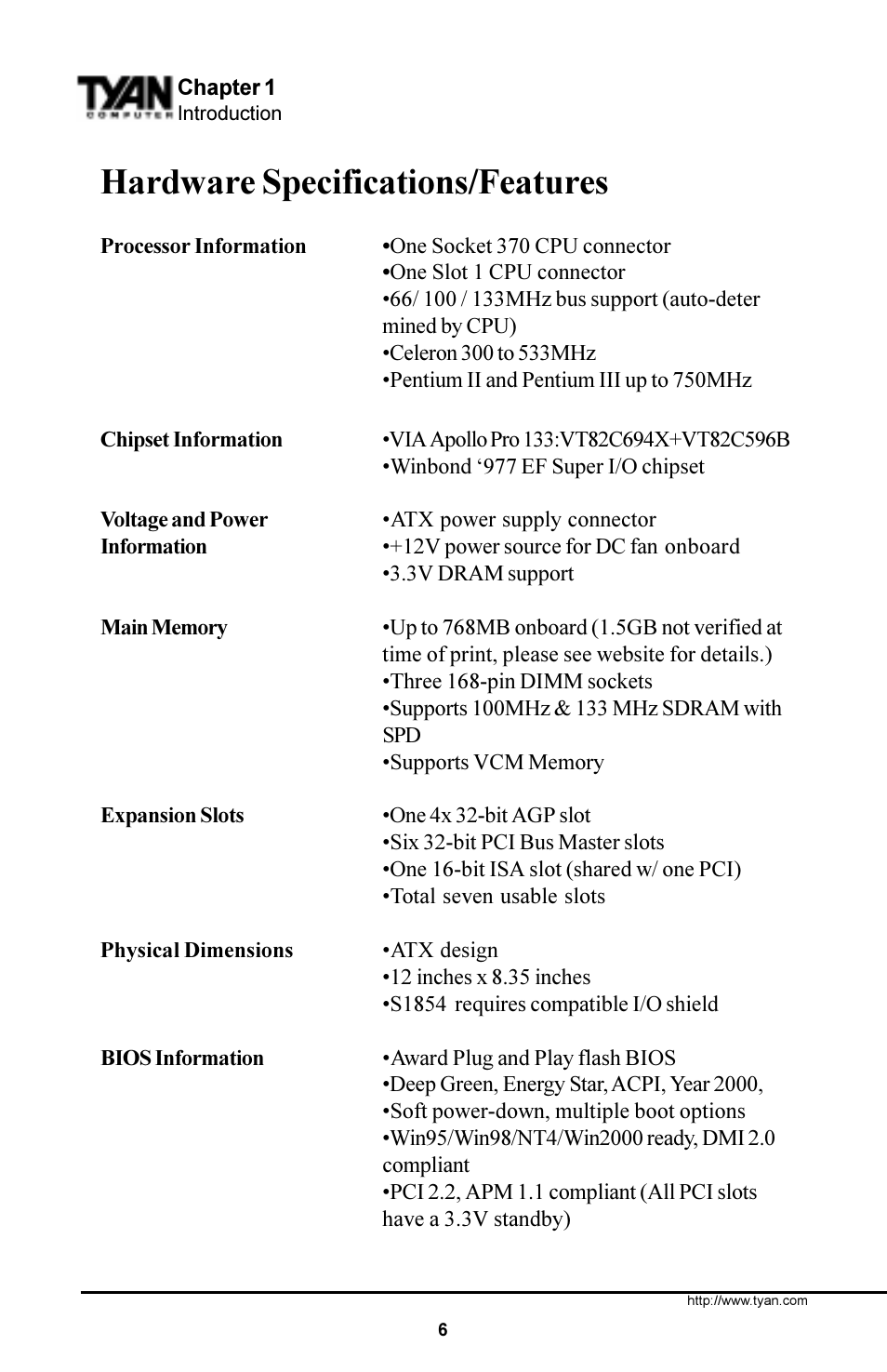 Hardware specifications/features | Tyan Computer S1854 User Manual | Page 6 / 80