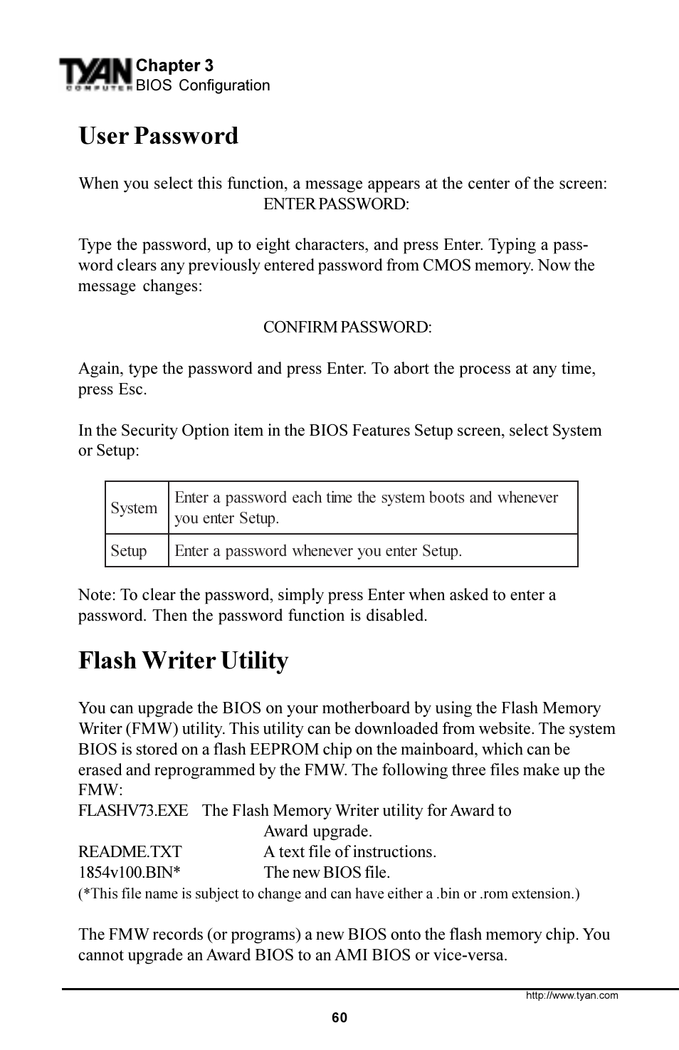 User password, Flash writer utility | Tyan Computer S1854 User Manual | Page 60 / 80