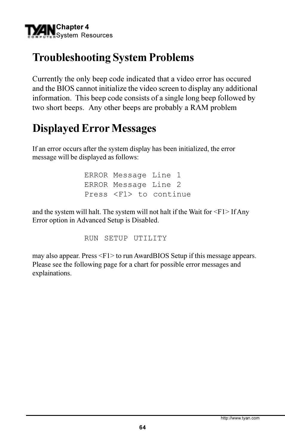 Troubleshooting system problems, Displayed error messages | Tyan Computer S1854 User Manual | Page 64 / 80