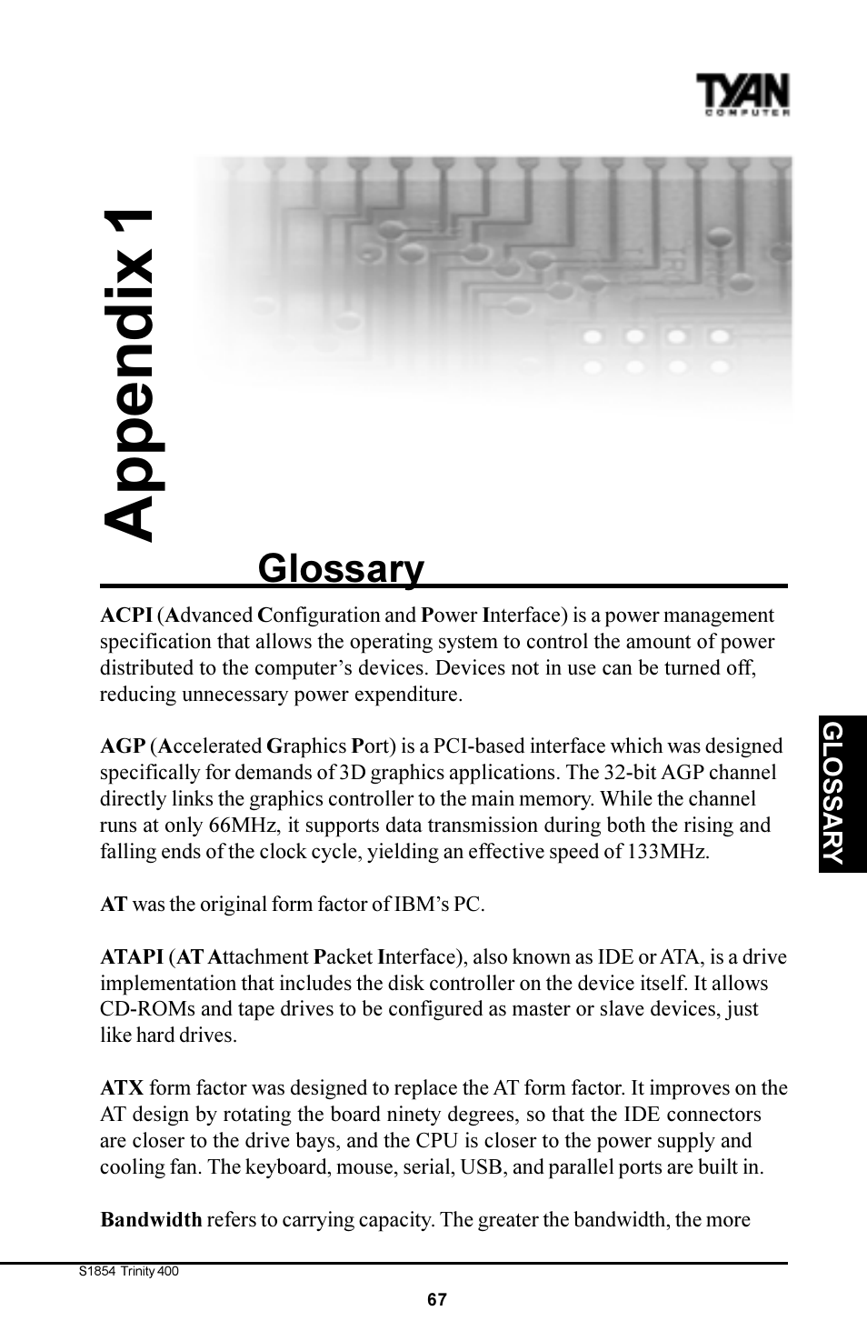 Appendix 1, Glossary | Tyan Computer S1854 User Manual | Page 67 / 80