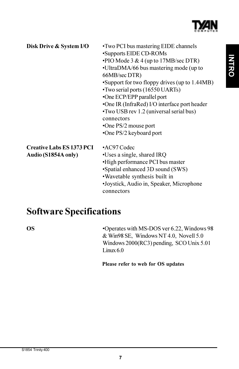 Software specifications, Intro | Tyan Computer S1854 User Manual | Page 7 / 80