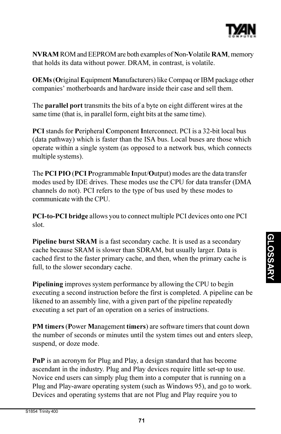 Glossar y | Tyan Computer S1854 User Manual | Page 71 / 80