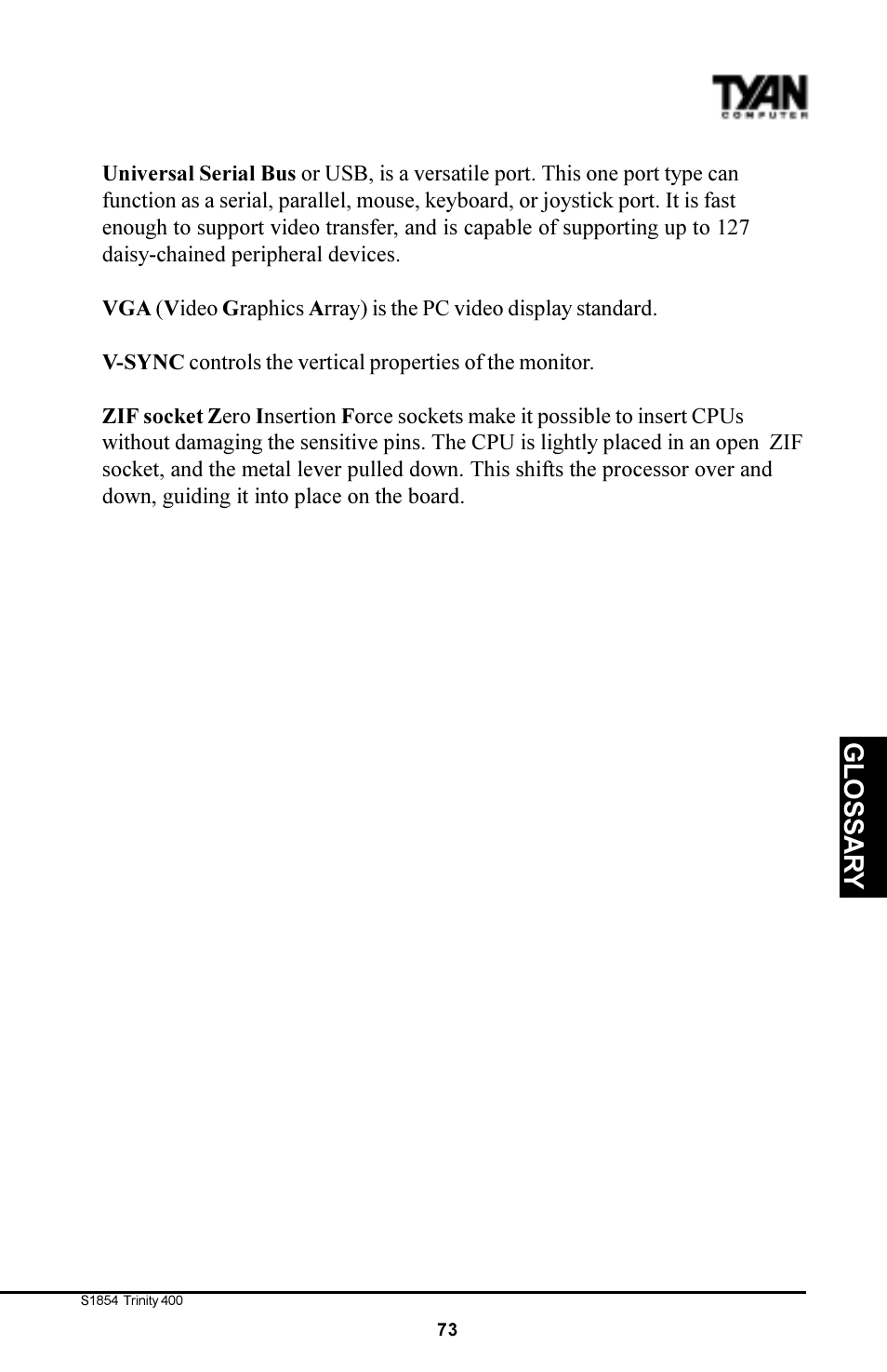 Glossar y | Tyan Computer S1854 User Manual | Page 73 / 80