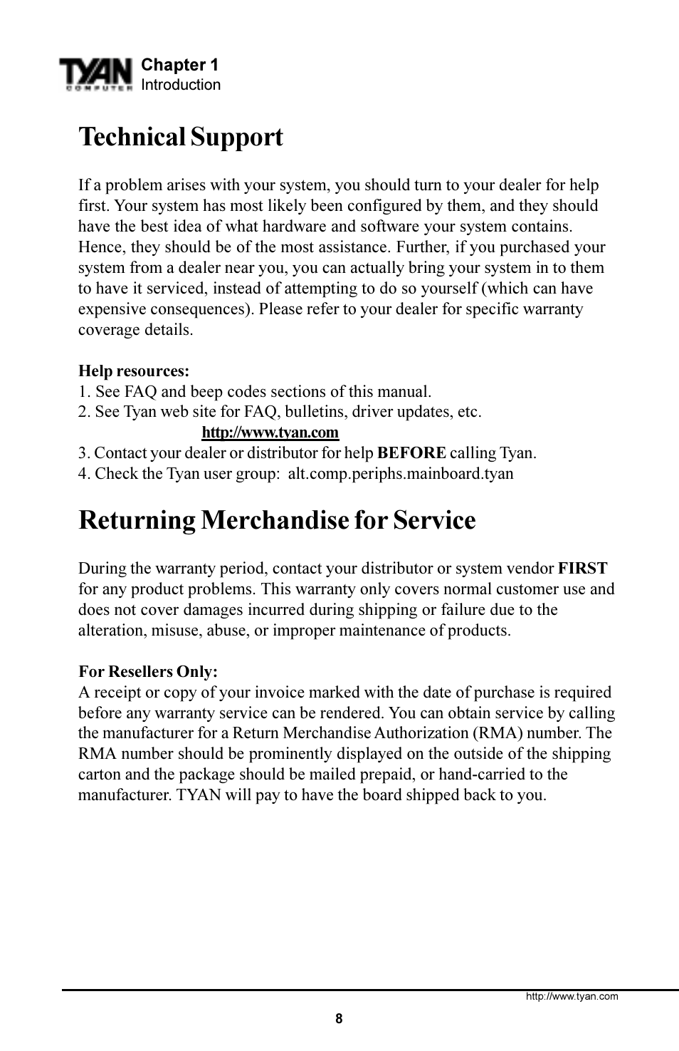 Technical support, Returning merchandise for service | Tyan Computer S1854 User Manual | Page 8 / 80