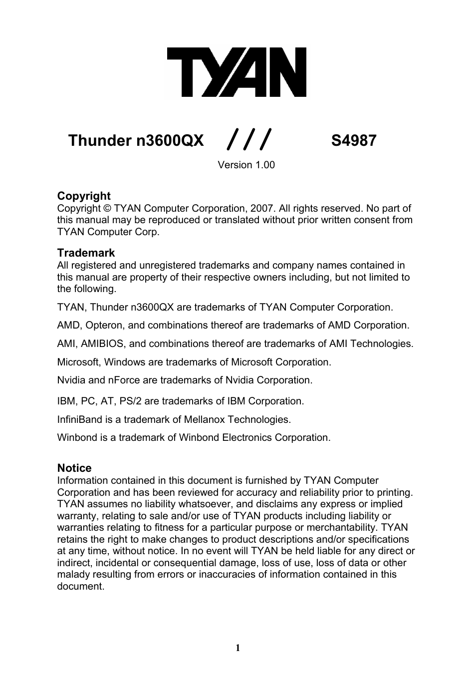 Tyan Computer THUNDER N3600QX User Manual | 100 pages