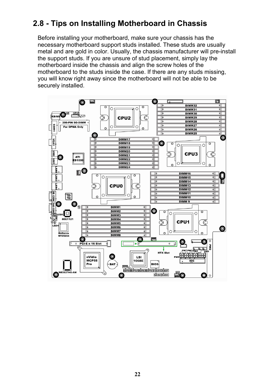 8 - tips on installing motherboard in chassis | Tyan Computer THUNDER N3600QX User Manual | Page 22 / 100