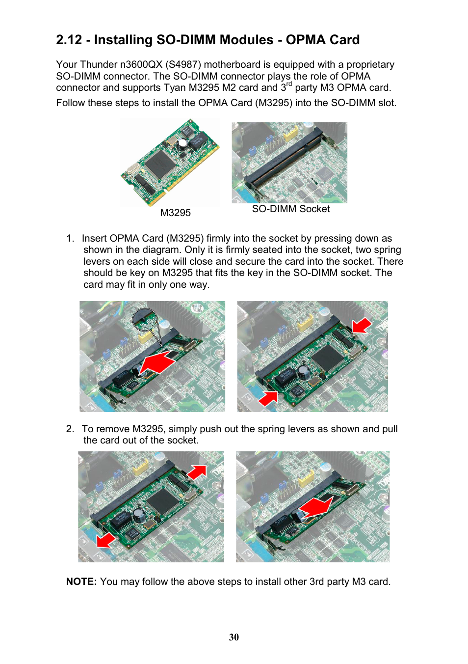 12 - installing so-dimm modules - opma card | Tyan Computer THUNDER N3600QX User Manual | Page 30 / 100