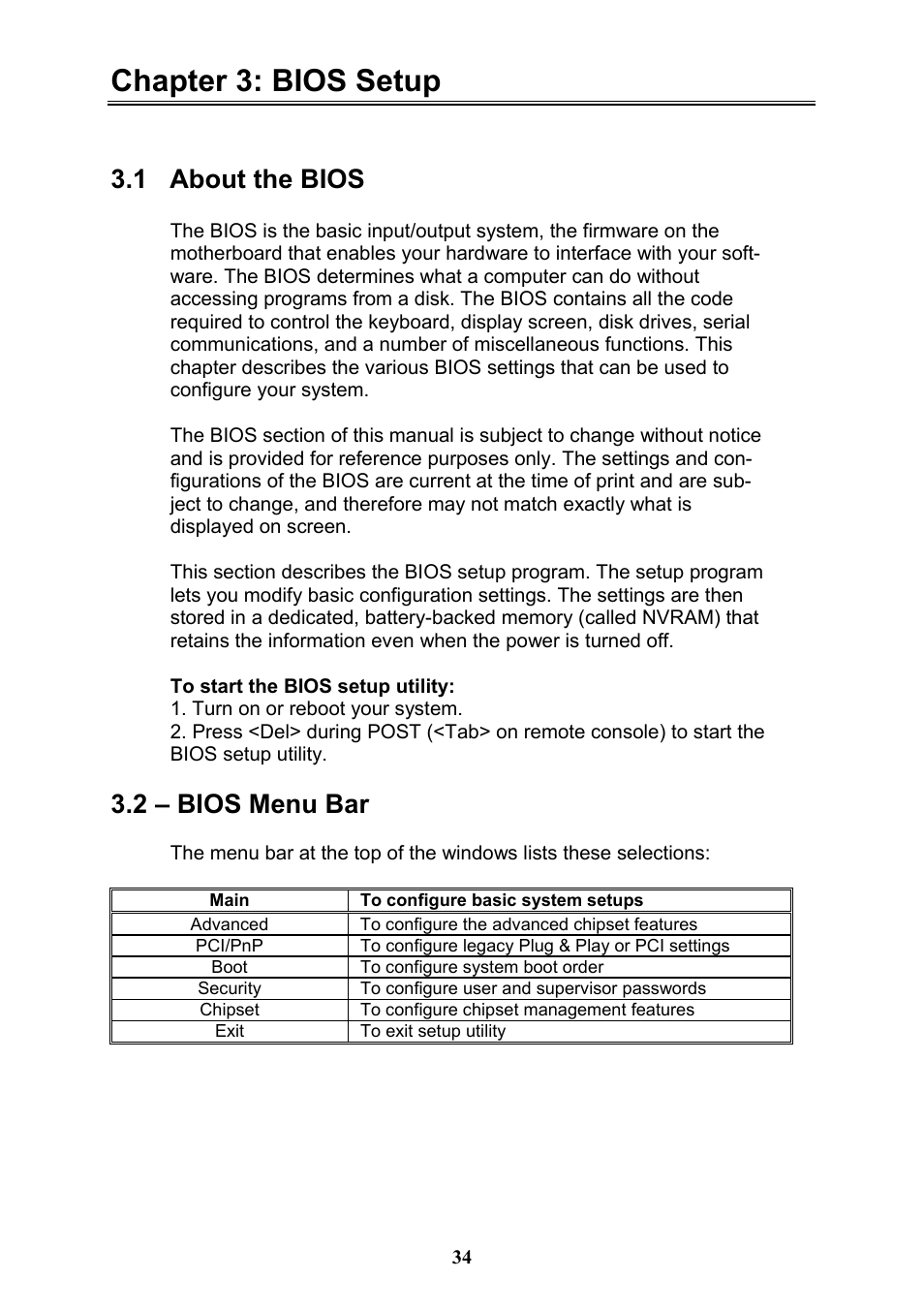 Chapter 3: bios setup, 1 about the bios, 2 – bios menu bar | Tyan Computer THUNDER N3600QX User Manual | Page 34 / 100