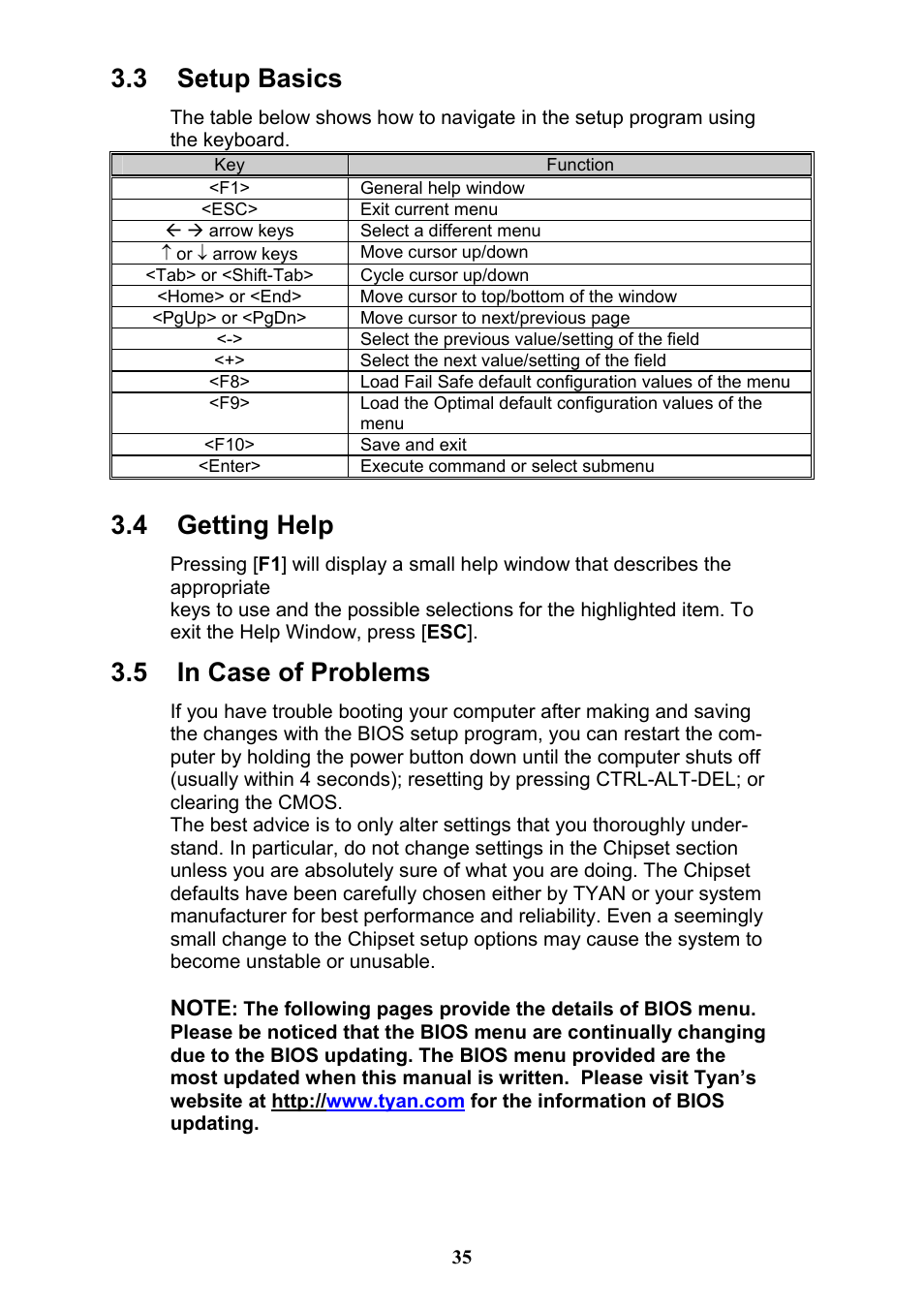 3 setup basics, 4 getting help, 5 in case of problems | Tyan Computer THUNDER N3600QX User Manual | Page 35 / 100
