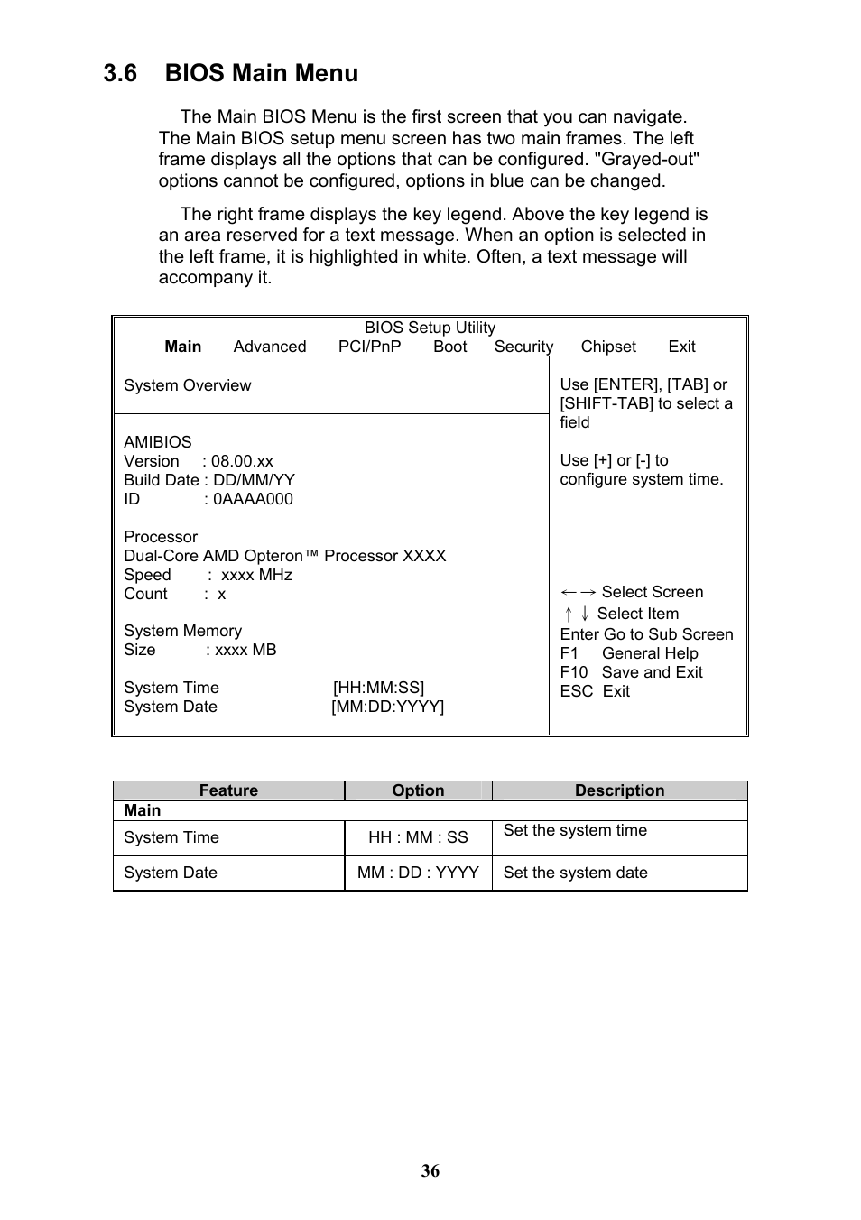 6 bios main menu | Tyan Computer THUNDER N3600QX User Manual | Page 36 / 100