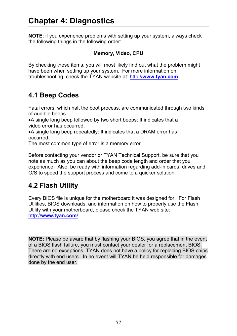 Chapter 4: diagnostics, 1 beep codes, 2 flash utility | Tyan Computer THUNDER N3600QX User Manual | Page 77 / 100