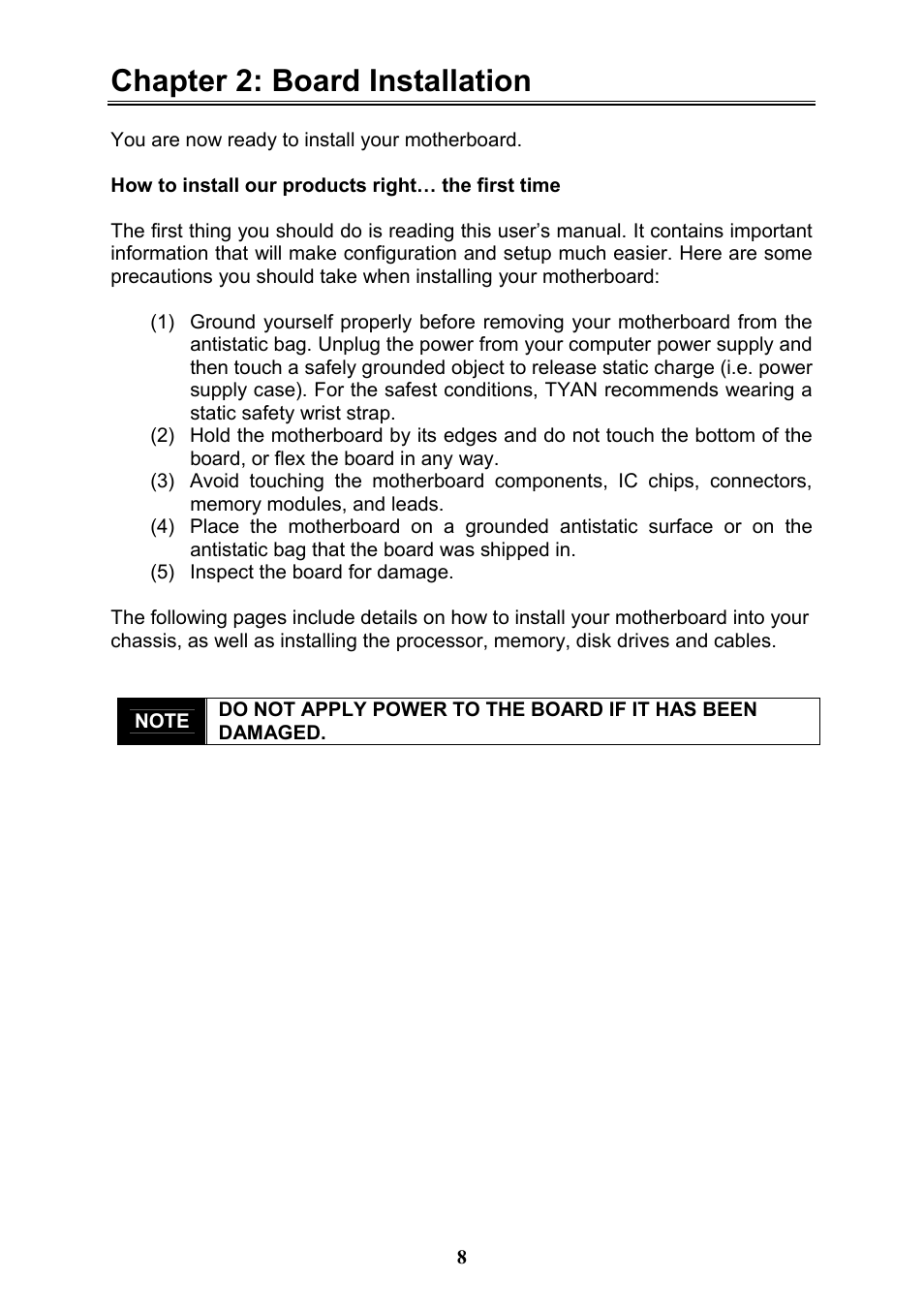 Chapter 2: board installation | Tyan Computer THUNDER N3600QX User Manual | Page 8 / 100