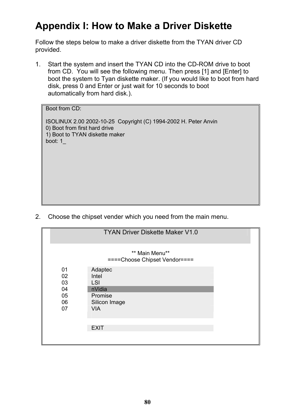 Appendix i: how to make a driver diskette | Tyan Computer THUNDER N3600QX User Manual | Page 80 / 100