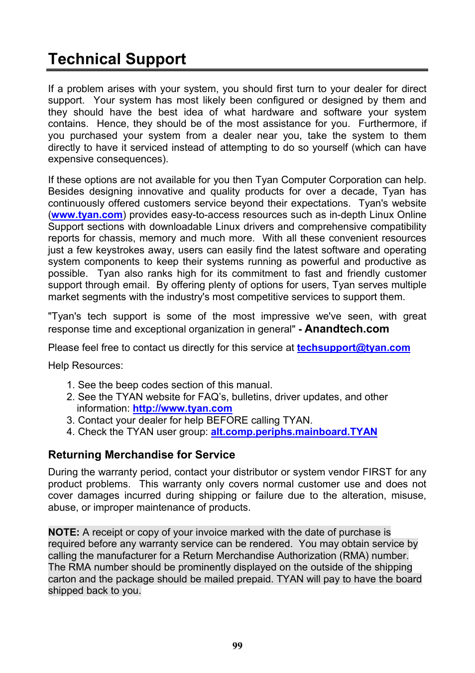 Technical support | Tyan Computer THUNDER N3600QX User Manual | Page 99 / 100