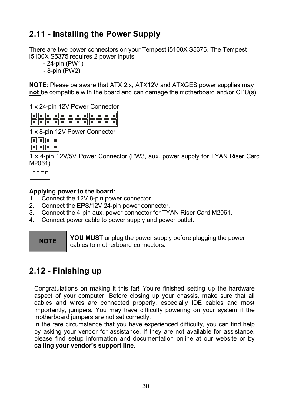 11 - installing the power supply, 12 - finishing up | Tyan Computer TEMPEST S5375 User Manual | Page 30 / 80