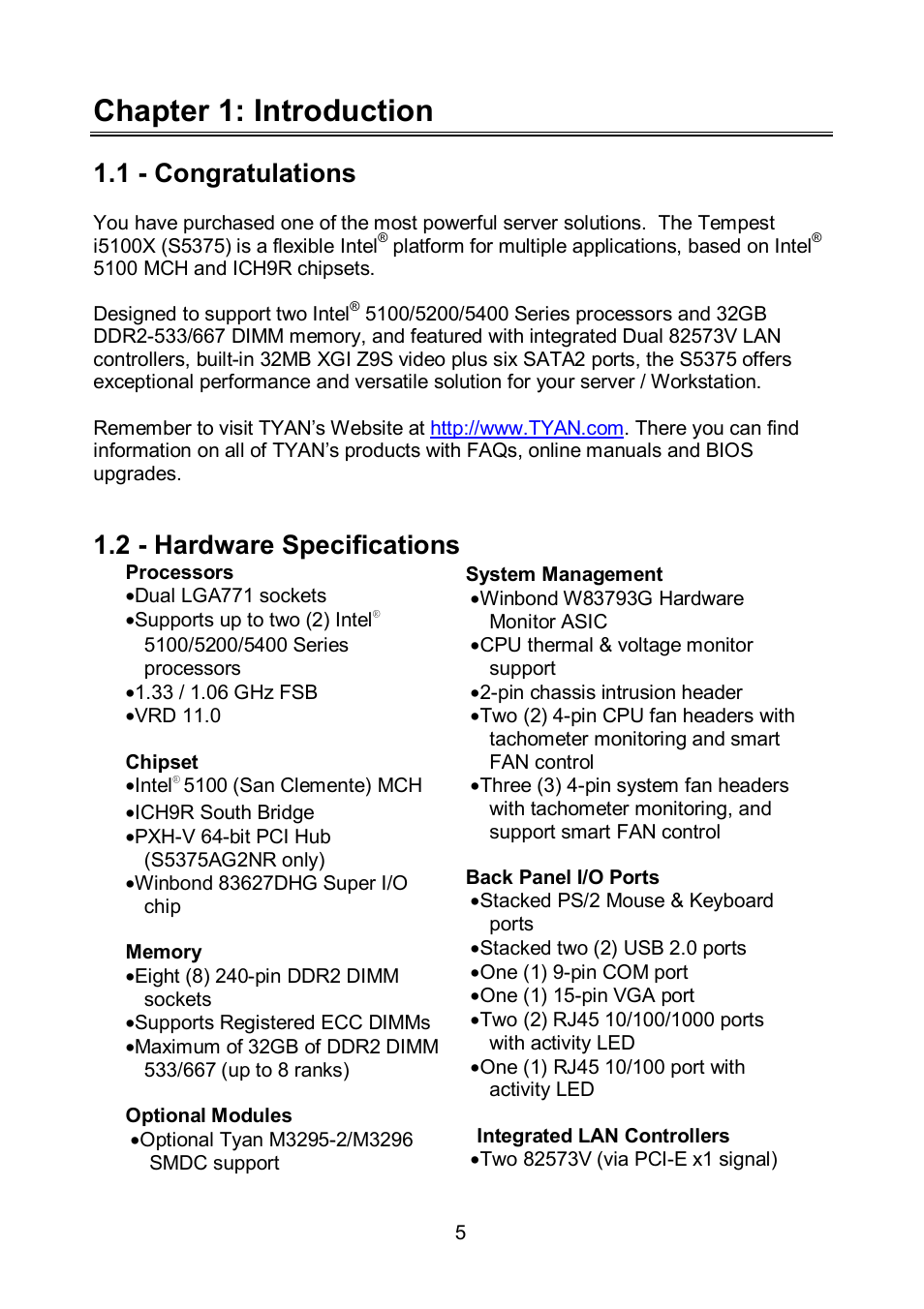 Chapter 1: introduction, 2 - hardware specifications | Tyan Computer TEMPEST S5375 User Manual | Page 5 / 80