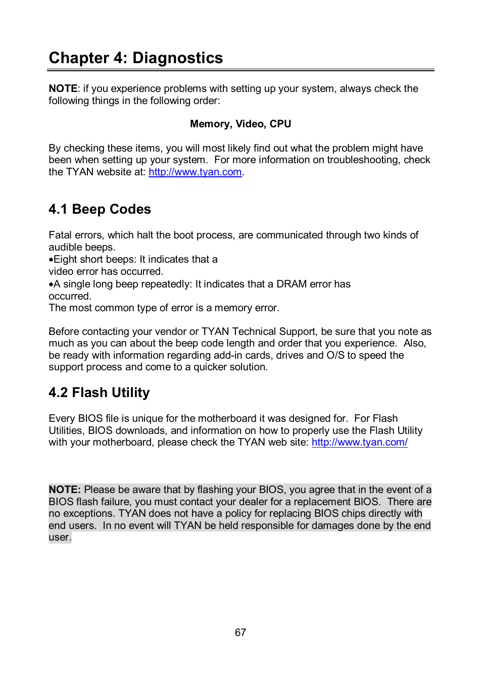 Chapter 4: diagnostics, 1 beep codes, 2 flash utility | Tyan Computer TEMPEST S5375 User Manual | Page 67 / 80
