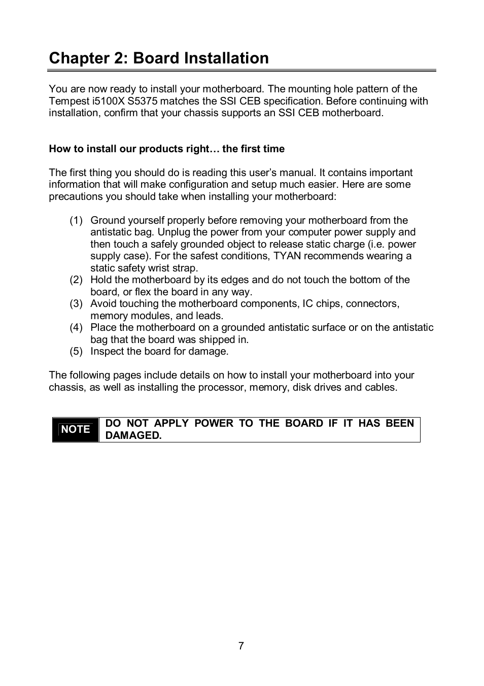 Chapter 2: board installation | Tyan Computer TEMPEST S5375 User Manual | Page 7 / 80