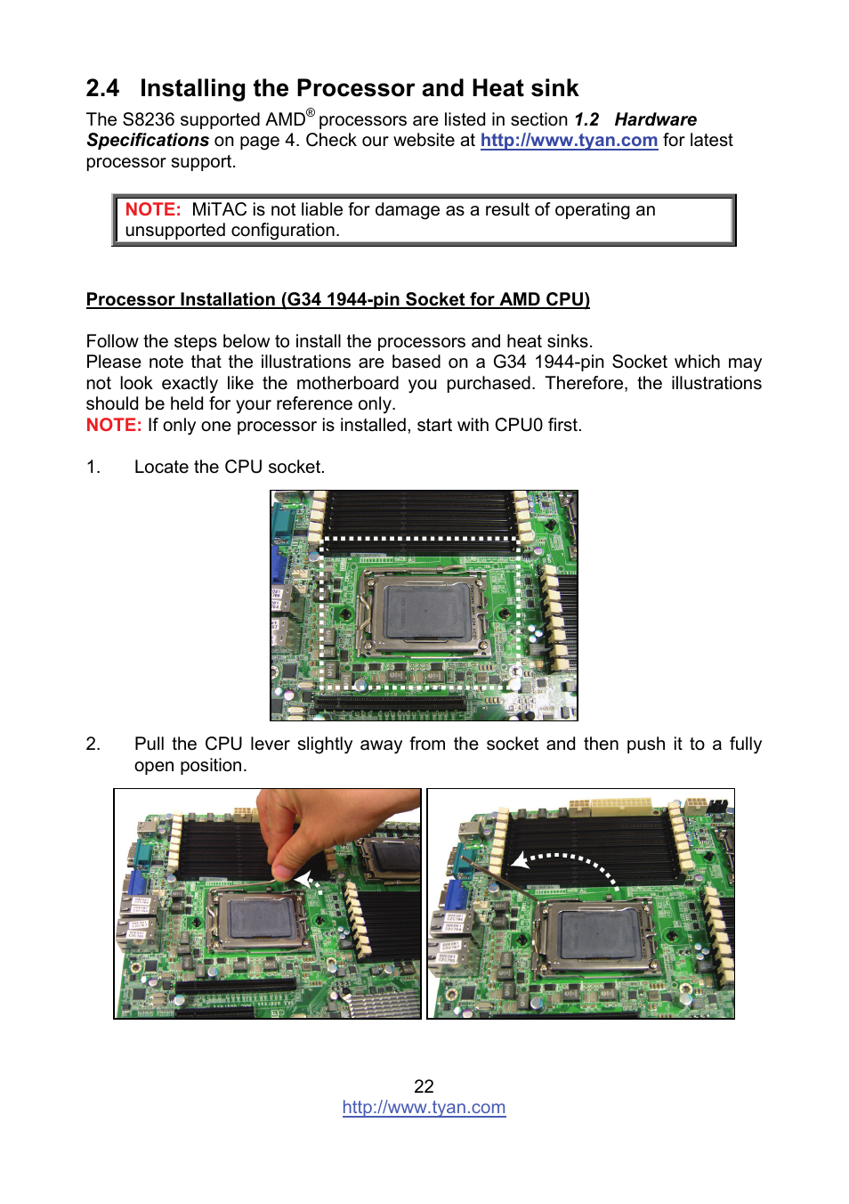 4 installing the processor and heat sink | Tyan Computer MITAC S8236 User Manual | Page 22 / 96